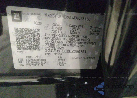 2020 Chevrolet Silverado 1500 4Wd Short Bed Lt Trail Boss from USA, damaged, VIN 1GCPYFEL2LZ350761